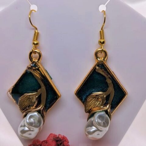 Resin Earrings Green Diamond Design Gold Tone Finish