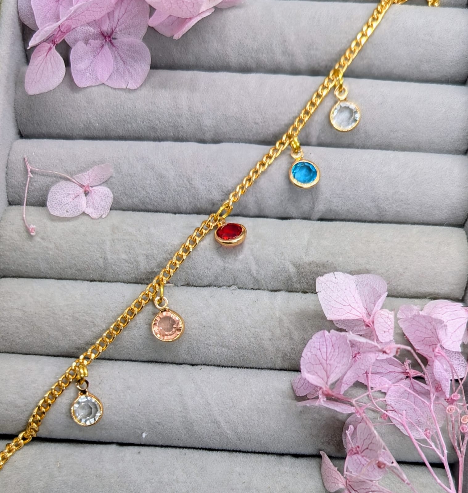 Handmade gold tone chain bracelet with multicolor gemstones by sztuzkjewelry