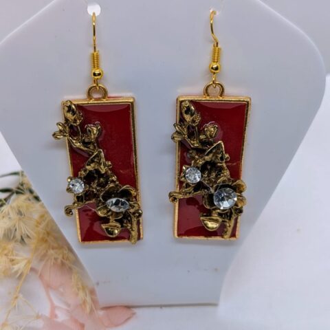 handmade resin earrings with a floral rectangular design