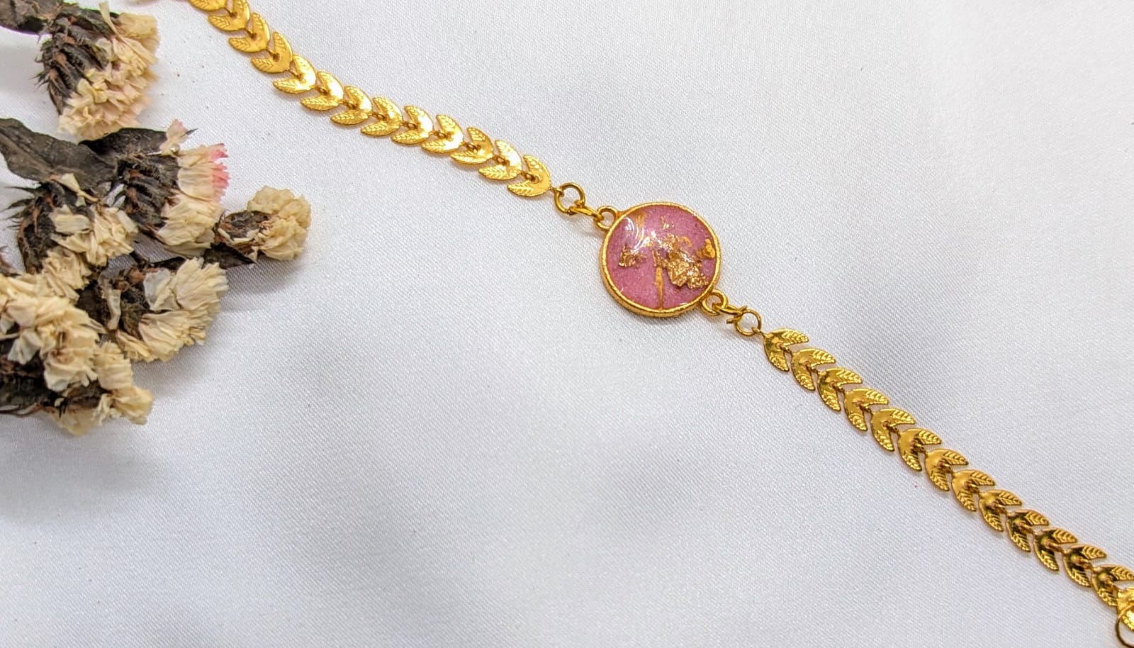 Pink Resin Chain Bracelet ? Gold Tone