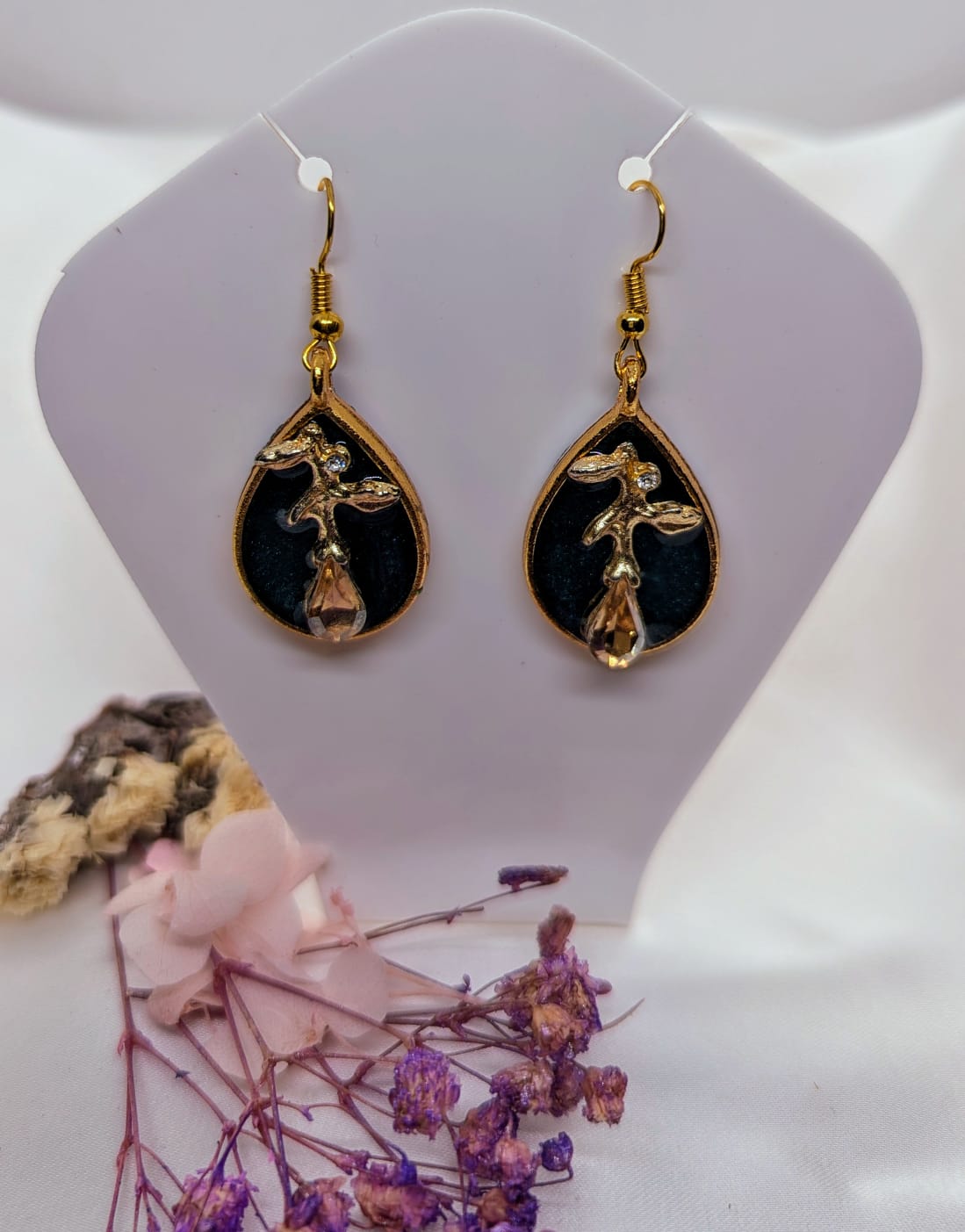 Handcrafted Black Resin & Floral Drop Earrings