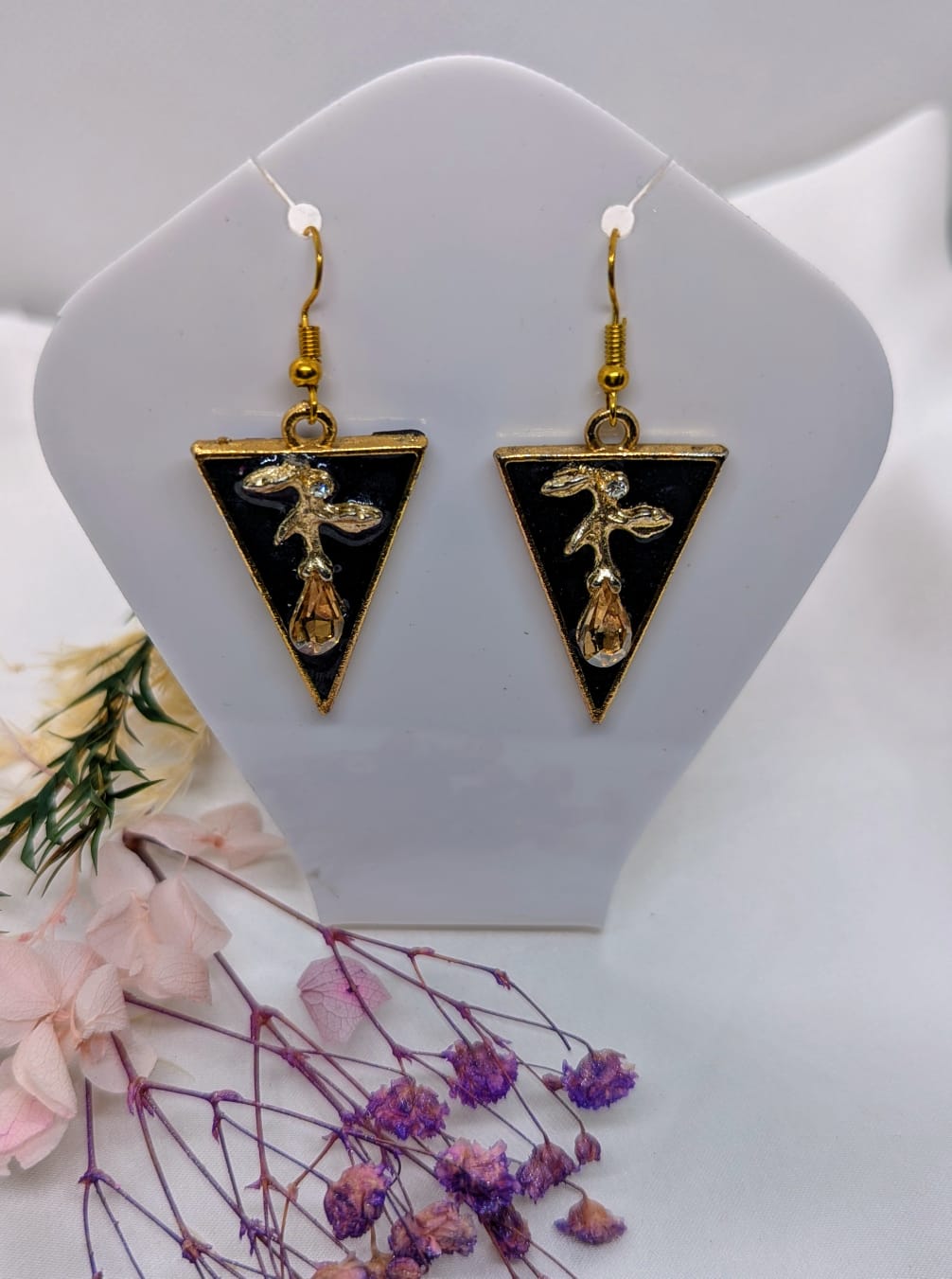 Handcrafted Black Resin & Floral Drop Earrings