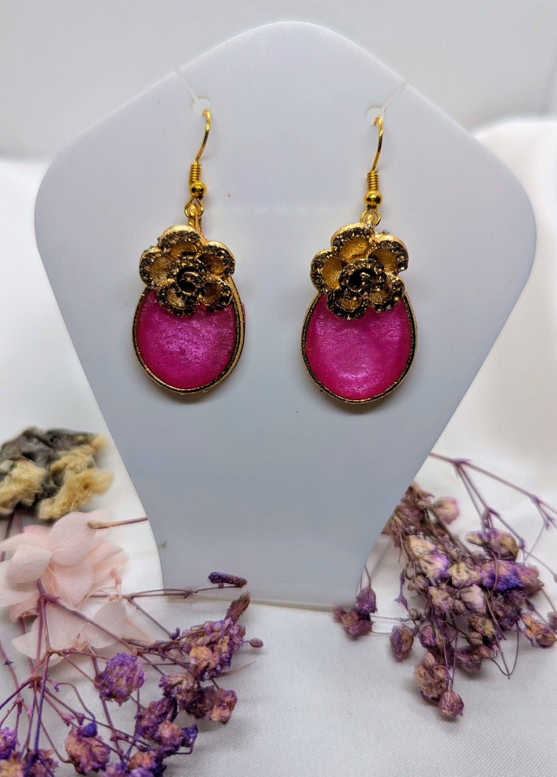 Handcrafted Pink Resin & Floral Drop Earrings
