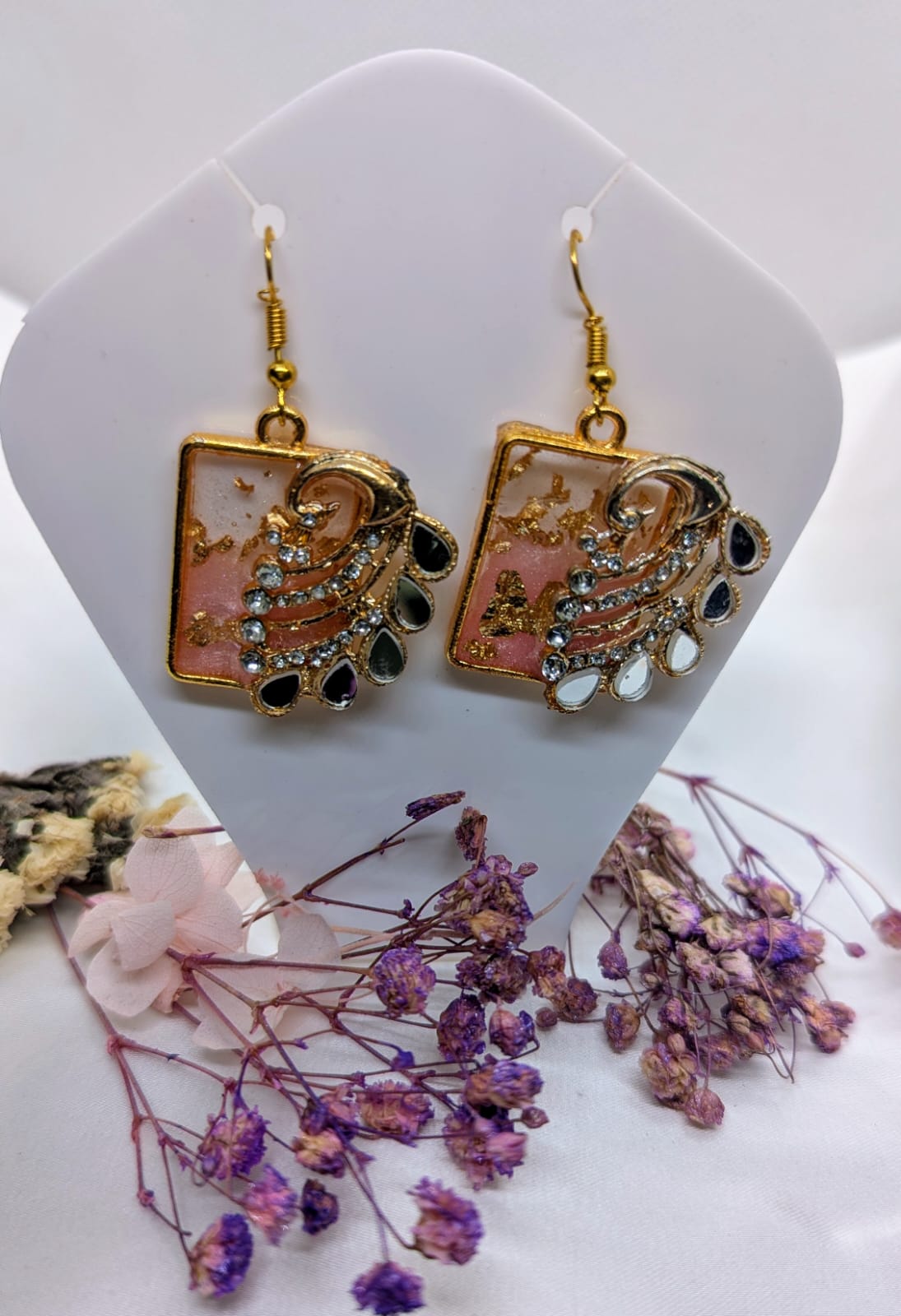 Handcrafted Pink Resin & Floral Drop Earrings