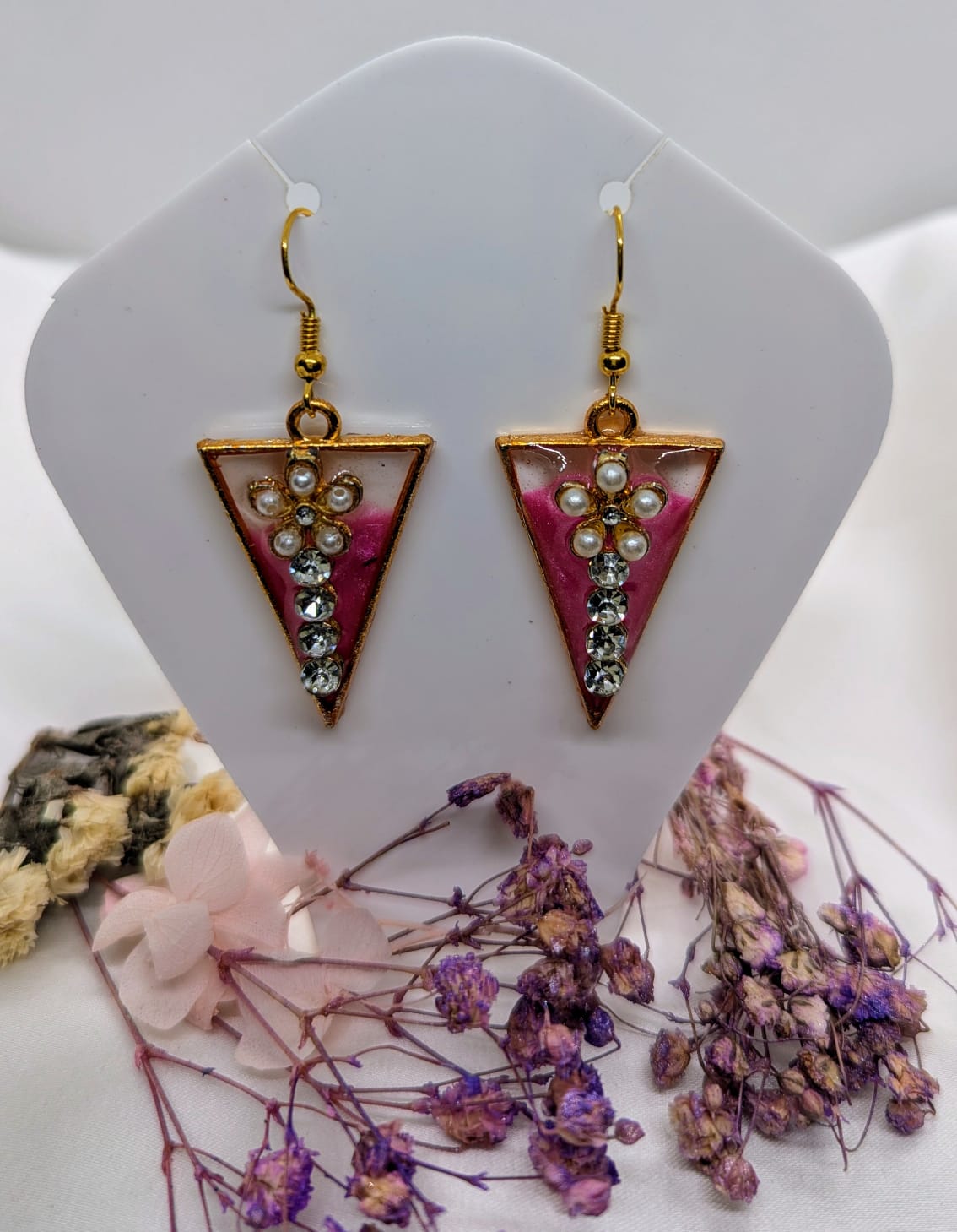 Handcrafted Pink Resin & Floral Drop Earrings