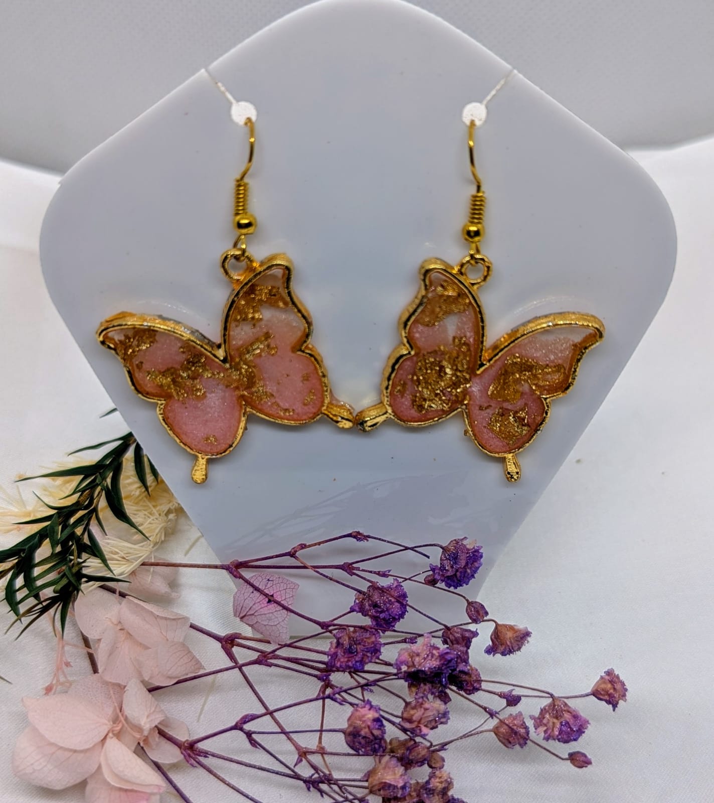 Handcrafted Pink Resin & Floral Drop Earrings