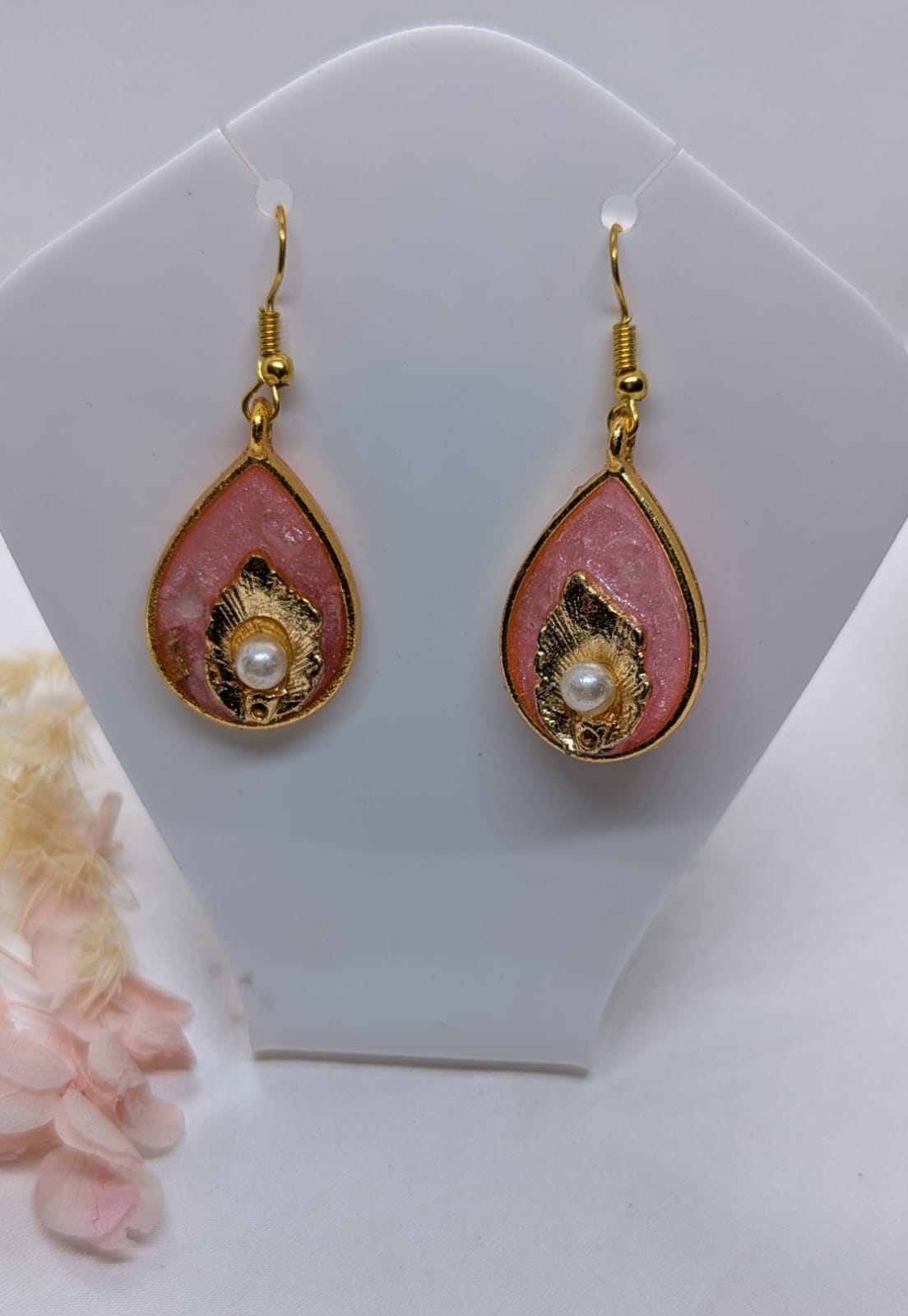 Handcrafted Pink Resin & Floral Drop Earrings