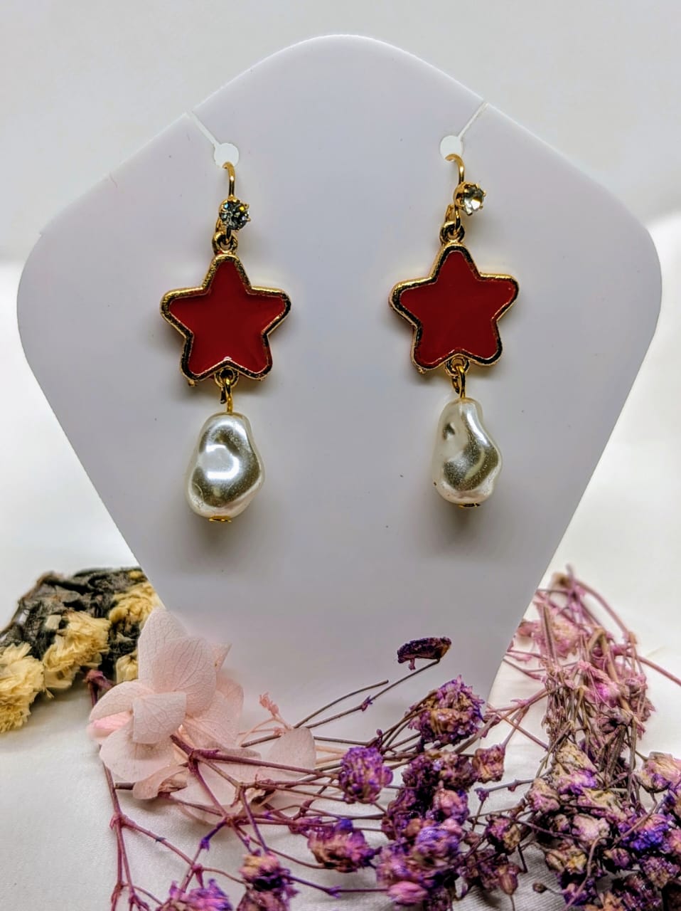 Handcrafted Red Resin & Floral Drop Earrings