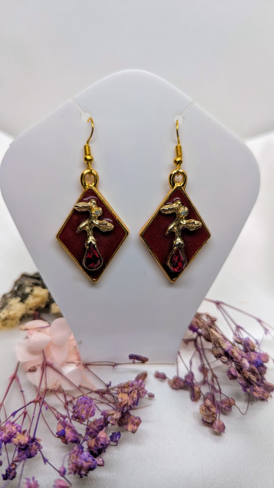 Handcrafted Red Resin & Floral Drop Earrings