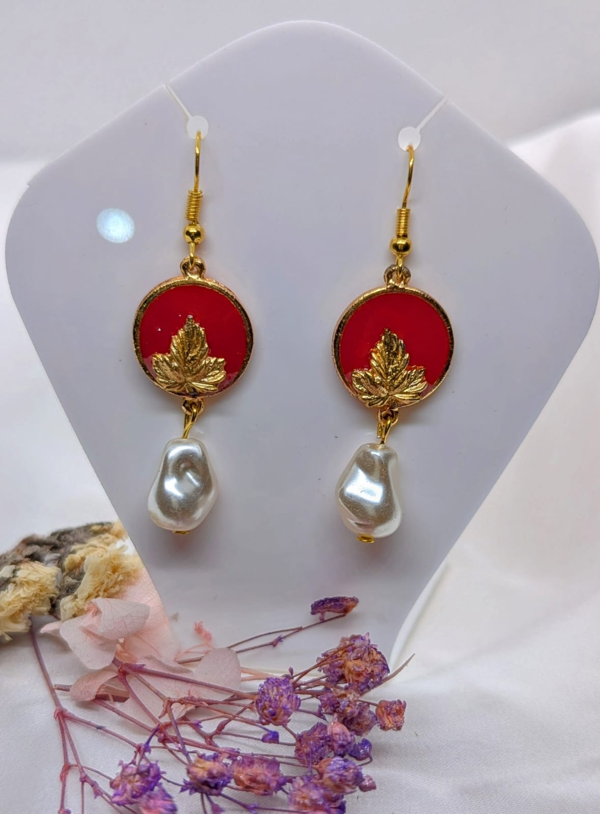 Handcrafted Red Resin & Floral Drop Earrings