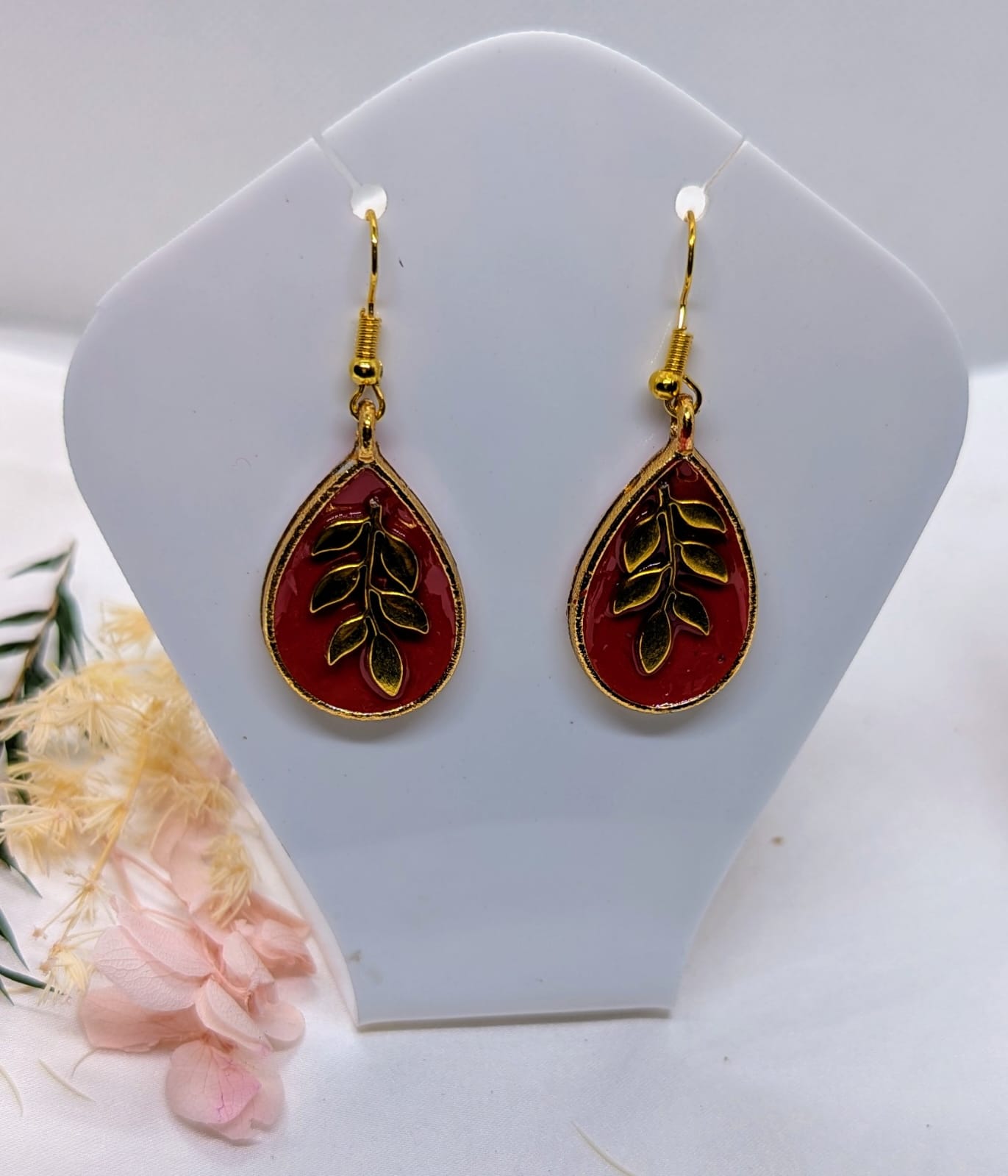 Handcrafted Red Resin & Floral Drop Earrings